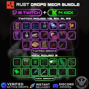 May include: A digital graphic titled RUST DROPS MEGA BUNDLE displaying 18 Twitch and 14 Kick gaming items. The image features rows of colourful icons representing virtual skins, weapons, and gear, organised within purple and green neon-outlined boxes.