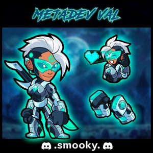 Könnte beinhalten: Digitale Illustration eines Charakters in futuristischer Rüstung, weiß und silber mit türkisfarbenen Akzenten. Der Charakter wird in verschiedenen Posen dargestellt, mit dem Text "METADEV VAL" und einem Social-Media-Handle.