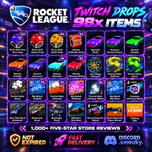 Può includere: Una grafica digitale per i Twitch Drop di Rocket League che mostra 98 oggetti, tra cui vari modelli di auto Nemesis in colori come rosa, viola e cobalto, ruote Aero Mage, esplosioni Tactical Nuke e Big Splash, e varie decalcomanie.
