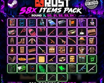 Op de afbeelding: Een digitale grafische weergave met een 58-delig itempakket voor het spel Rust, inclusief diverse wapens, kleding en bouwcomponenten in een raster. De tekst luidt Twitch and Kick Drops, Rust, 58x Items Pack en All Possible Drops.