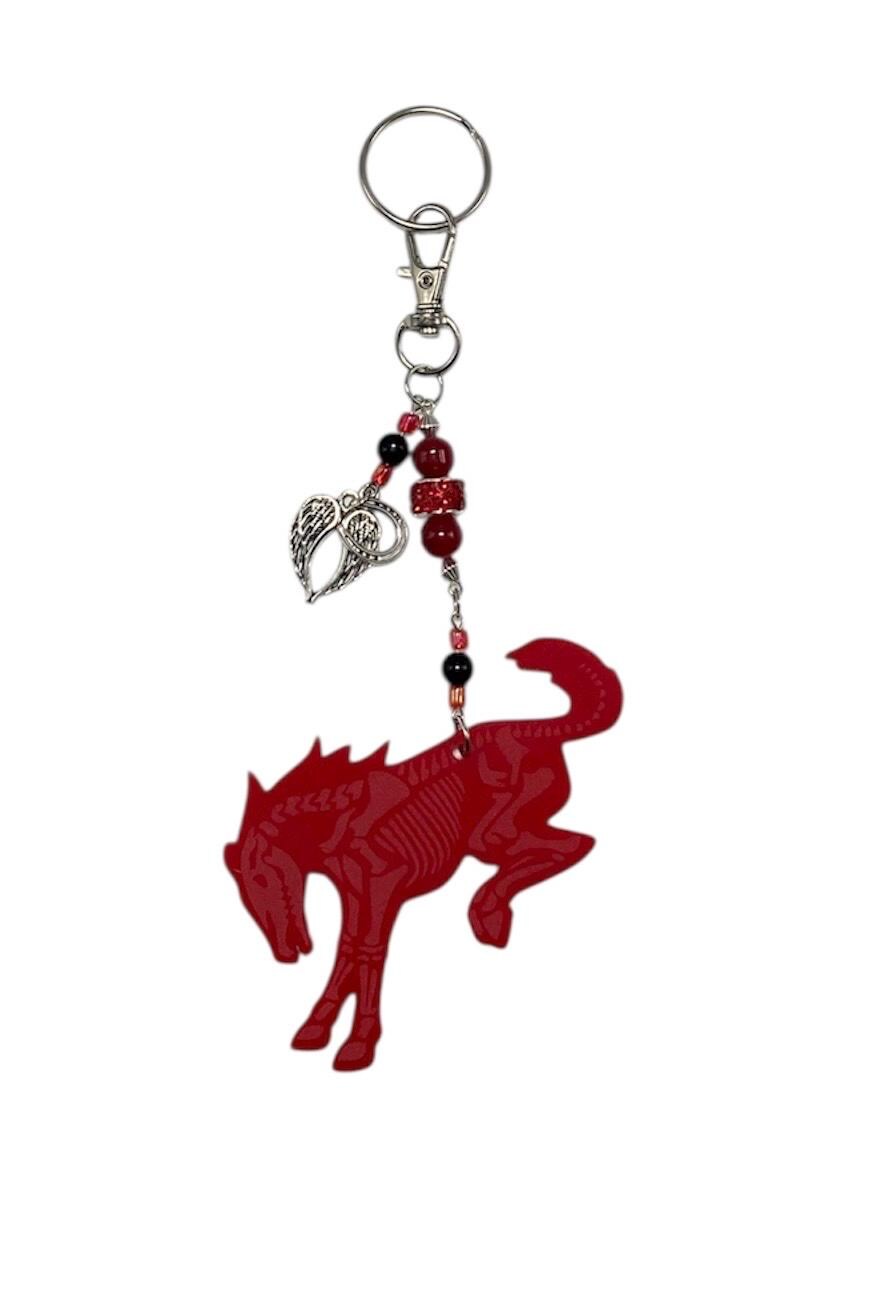 Laser Engraved Acrylic Skeleton Bucking Bronco bag charm/ Keychain – Acrylic Bronco Accessory with Glass Beads