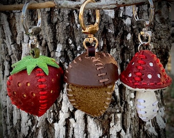 Handmade Leather Keychain Charm • Strawberry Acorn Mushroom • Woodland Cottagecore Bag Charm