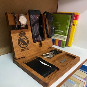 Personal Wooden Desk Organizer with Real Madrid Logo, 1st Class Beech Wood, Amazing gift for special occasions, Real Madrid Fan gift