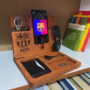 Premium Wooden Desk Organizer, Perfect Gift for FC Barcelona Fans, Ideal Gift for Football Lovers, Unique Men&#39;s Gift,