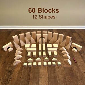 60-piece solid wood building block set, all natural maple wood toys, wooden cube stacking game, wood shape puzzle, handmade gifts