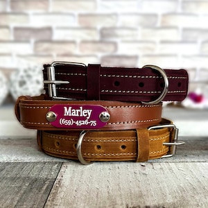 Personalized Leather Dog Collar: Engraved Metal or Leather Plate