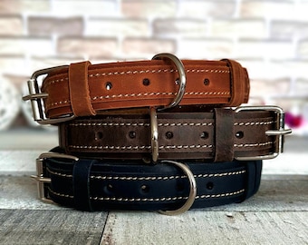 Personalized Leather Dog Collar: Engraved Name Plate, Custom Puppy Collar