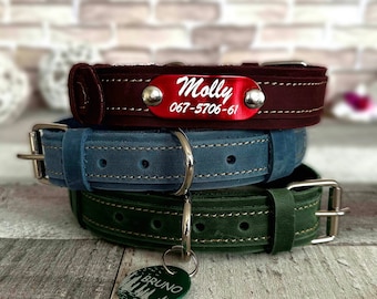 Personalized Leather Dog Collar: Engraved Name Plate, Custom Pet Gift
