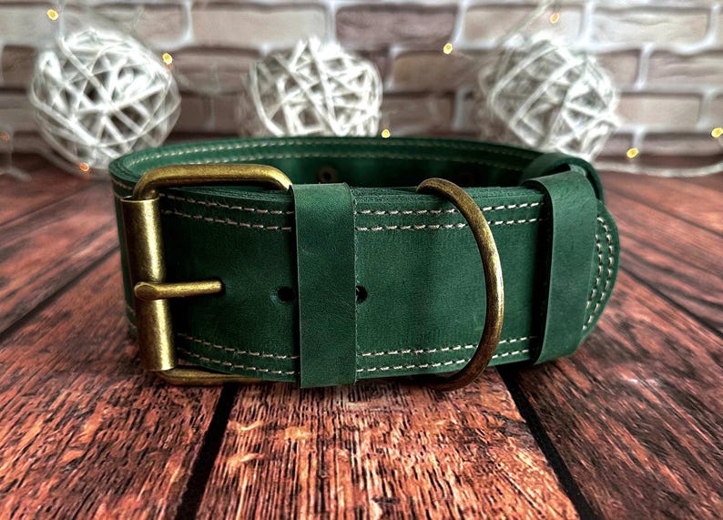 Wide green leather dog collar with antique brass buckle, contrast stitching, and a classic handcrafted design.