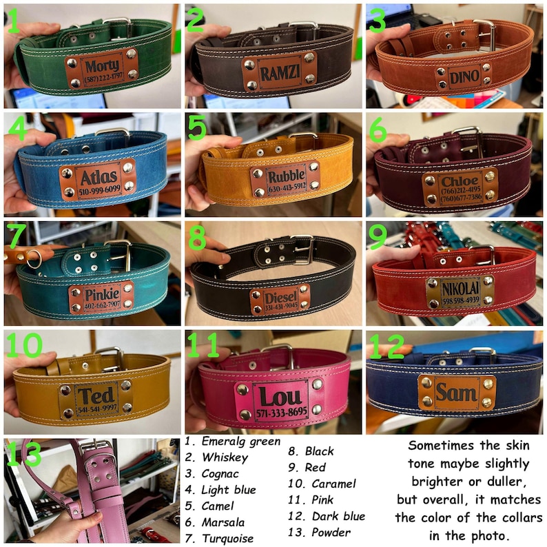 May include: Twelve different leather dog collars with personalised nameplates. The collars are in various colours, including emerald green, whiskey, cognac, light blue, camel, marsala, turquoise, black, red, caramel, pink, dark blue, and powder.