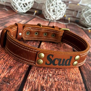 Custom leather dog collar in cognac brown with engraved pet nameplate and handcrafted details.