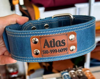 Engraved Blue Leather Dog Collar: Sturdy Personalized Traditional Buckle and D-Ring