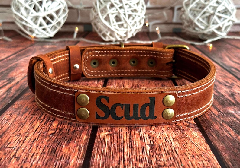 Personalized cognac leather dog collar featuring a custom engraved nameplate and premium handcrafted construction.