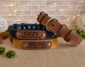 Personalized Leather Dog Collar with Engraved Name Tag, Durable Traditional Buckle