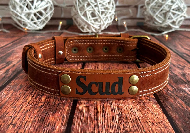 Personalized cognac leather dog collar featuring a custom engraved nameplate and premium handcrafted construction.