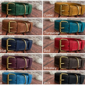 Personalized handmade leather dog collar with antique brass hardware, available in green, camel, cognac, turquoise, dark blue, red, purple, whiskey brown, light blue, and black.