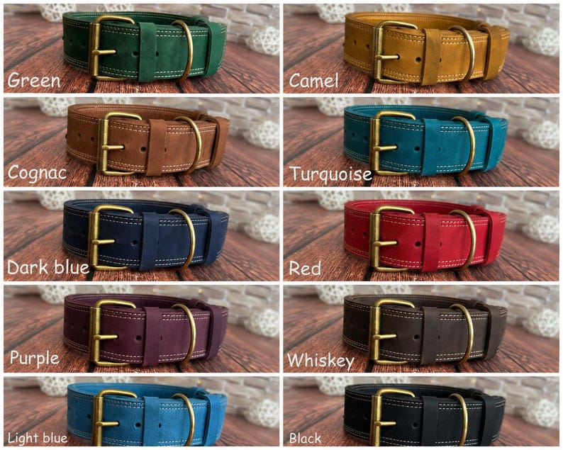 Personalized handmade leather dog collar with antique brass hardware, available in green, camel, cognac, turquoise, dark blue, red, purple, whiskey brown, light blue, and black.
