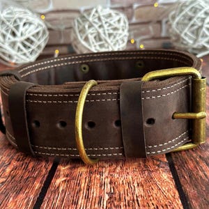 Wide dark brown leather dog collar with antique brass buckle, heavy-duty D-ring, and reinforced double stitching.