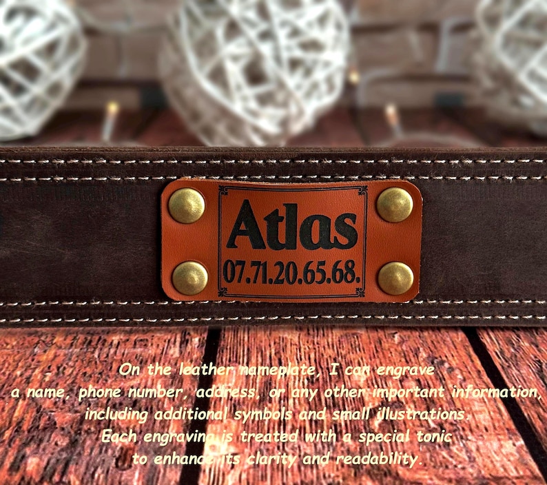 leather dog collar, handmade dog collar, durable dog collar, strong dog collar, sturdy dog collar, heavy duty dog collar, thick leather collar, custom dog collar, personalized dog collar, engraved dog collar, brass buckle collar, solid brass dog collar, leather pet collar, dog collar with nameplate, dog collar with engraving, custom engraved dog collar, genuine leather dog collar, wide leather dog collar, heavy dog collar, big dog collar, large breed dog collar, extra large dog collar
