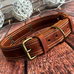 Full-grain cognac leather dog collar with antique brass buckle and sturdy D-ring for everyday use.