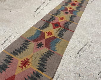 Handwoven Wool Jute Kilim Runner Rug – Rustic Entryway Decor