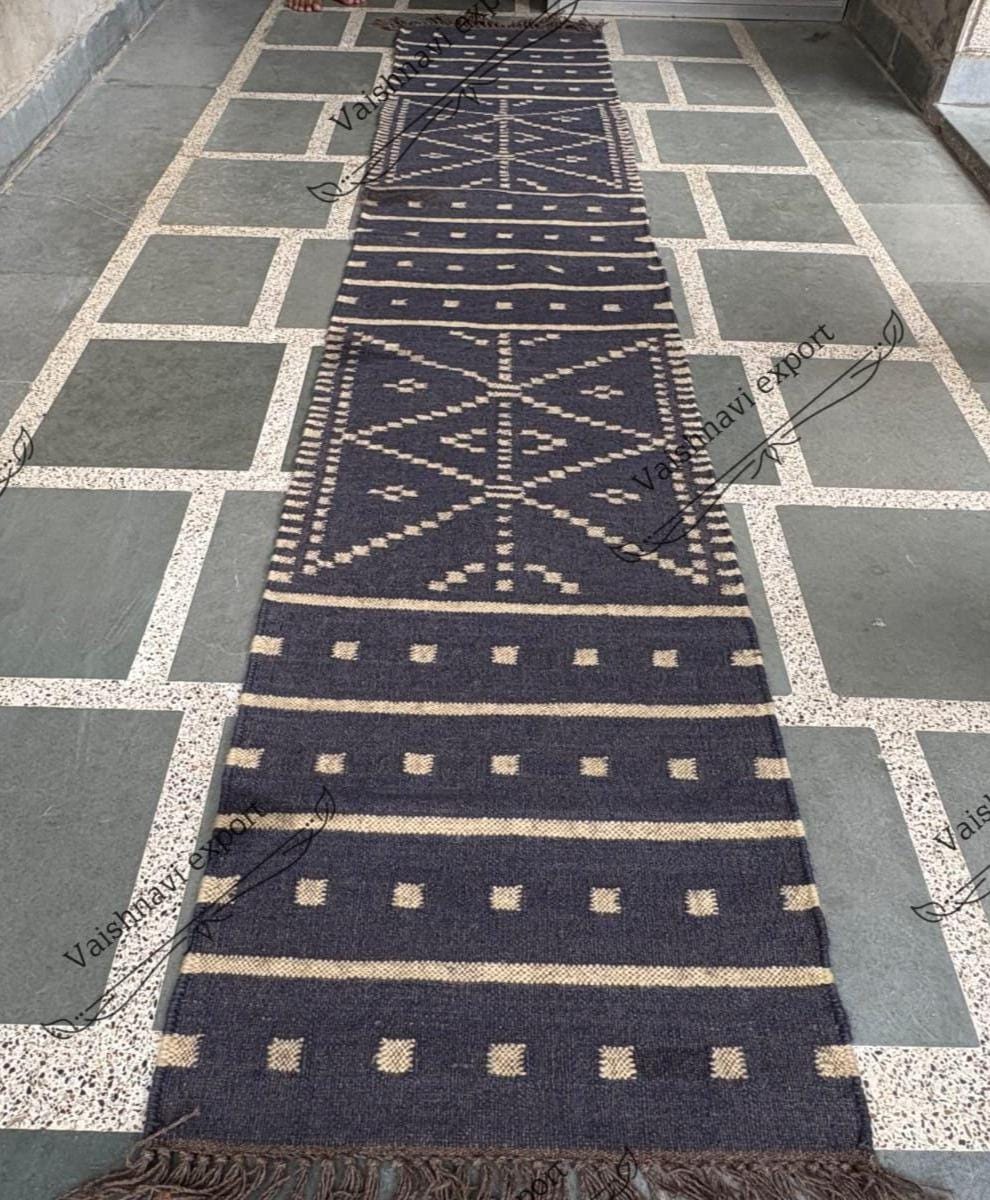 Handwoven Wool Jute Kilim Runner Rug: Blue Oriental Stair Rug
