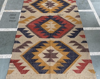 Alfombra Kilim de yute y lana tejida a mano, estilo Dhurrie tradicional indio, alfombra geométrica de estilo bohemio.