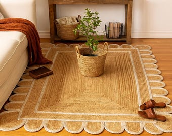 Natural Jute Rug - Wavy Edge Rug, Scalloped Jute Rug, Bohemian Rug, Jute Scalloped Rug, Jute Rug Rectangular, Custom Rug