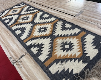 Handwoven Wool Jute Kilim Runner Rug: Southwestern Boho Style