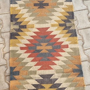 Wool and Jute runner, Handmade Kilim Dhurrie Rug, Traditional Indian/WOOL JUTE RUGS, stair runner rug for home