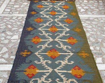 Handwoven Wool Jute Kilim Rug: Geometric Bohemian Rug