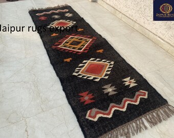 Handwoven wool jute Kilim Runner Rug: Turkish Boho Hallway Carpet