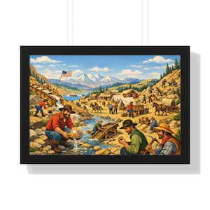 Op de afbeelding: Ingelijste print met een goudkoorts-scène met mijnwerkers die goud pannen in een rivier. Het kunstwerk toont een levendig landschap met bergen, tenten en een Amerikaanse vlag. De print is ingekaderd in een zwart frame.