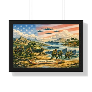May include: Framed print depicting a military scene with soldiers, a tank, and aircraft against a backdrop of the American flag. The text "The Greatest Generation" is displayed on a banner.