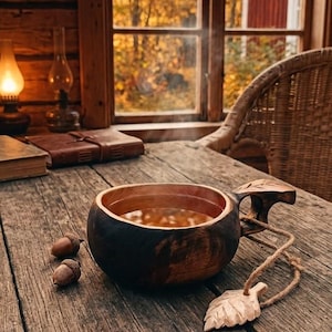 Handcarved Authentic Finnish Alder Wood Kuksa - 150ml wooden Mug with Belt Attachment Leaf image 1