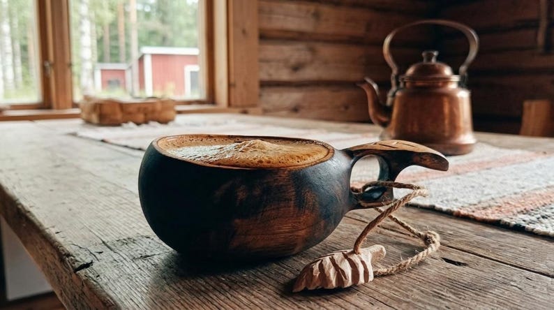 May include: A dark brown wooden kuksa cup filled with a light brown frothy beverage. The cup features a carved handle with a small, leaf-shaped wooden charm attached by a thin cord. The cup has a smooth, rounded bowl and a natural wood grain finish.