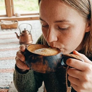 Handcarved Authentic Finnish Alder Wood Kuksa - 150ml wooden Mug with Belt Attachment Leaf image 6