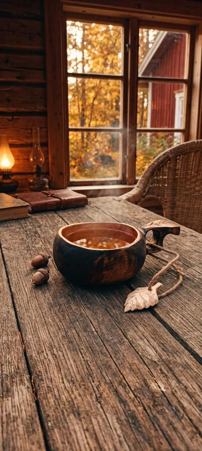 Handcarved Authentic Finnish Alder Wood Kuksa - 150ml wooden Mug with Belt Attachment Leaf image 1