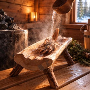 May include: A rustic wooden sauna water trough with four legs, featuring a hollowed-out log design. Water is being poured from a wooden ladle onto a piece of wood inside the trough, creating visible steam. The trough is crafted from natural timber.