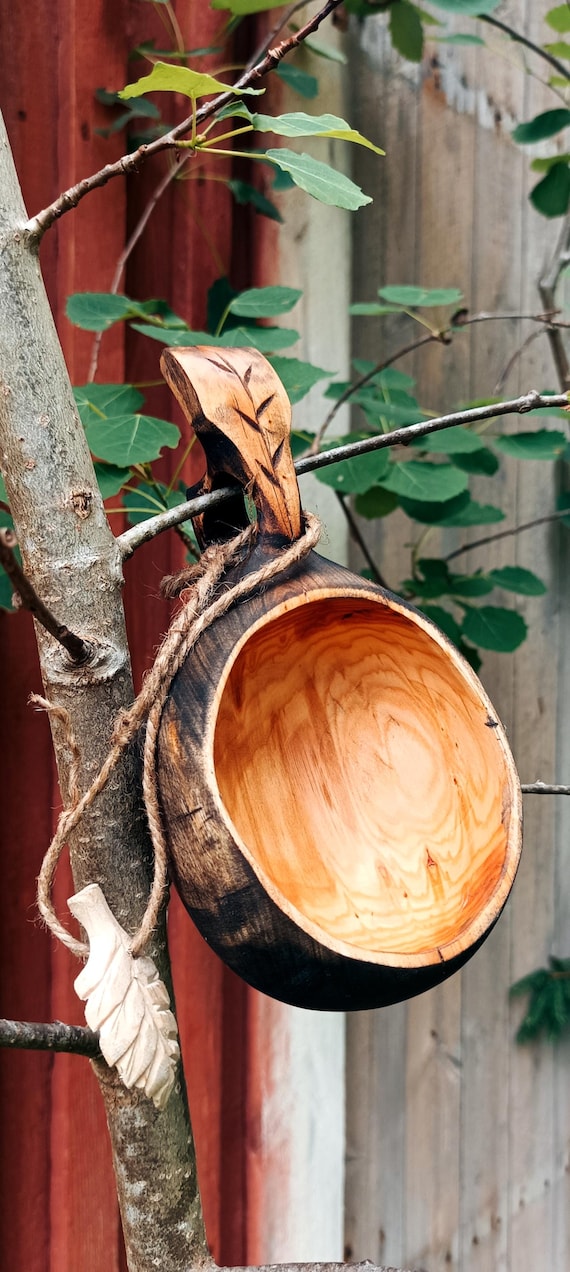 Handcarved Authentic Finnish Alder Wood Kuksa - 150ml wooden Mug with Belt Attachment Leaf