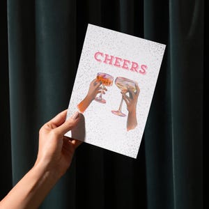 Cheers Digital Greeting Card with Silver Sparkle Background & Cocktails | Printable 5x7" Celebration Card | Instant Download