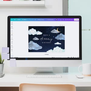 Cartão de aniversário sonhador Modelo digital para download Aniversário de noite estrelada para impressão