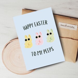 Tarjeta imprimible divertida de Pascua para imprimir con texto en inglés "Feliz Pascua / Fiesta religiosa de primavera / Cristiana / Peeps"