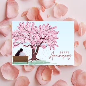 桜のロマンチックな結婚記念日の幸せな印刷可能なカードテンプレート
