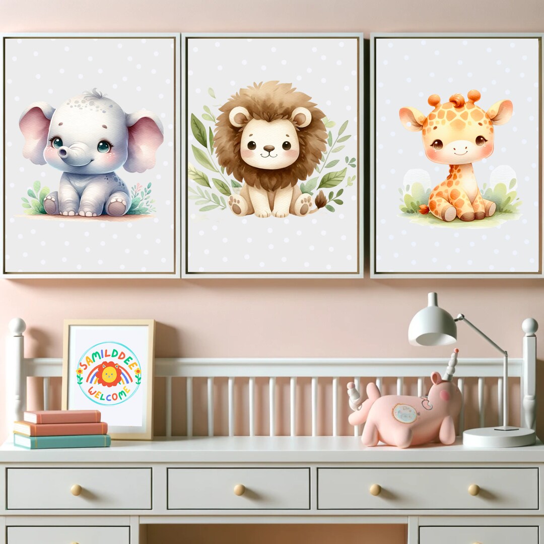 Set of 3 Safari Nursery Prints, Jungle Baby Animal Wall Art, Baby ...