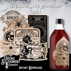 Halloween Party Potion Bottle Labels - Printable Halloween Labels for Apothecary Bottles and Witchcraft Decor. Antique Gothic Potion Sticker