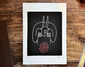 Impresión linograbado original faite main « Le Malin » - Edición limitada - Art coloré