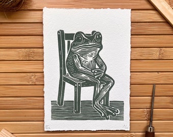 Original Handmade Linocut Print 'Froggy Frog' - Limited Edition - Colorful Art