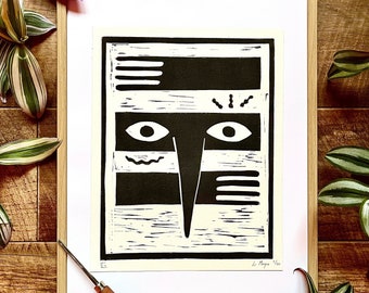 Original Handmade Linocut Print 'Le Masque' - Limited Edition - Colorful Art