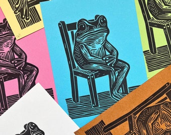 Original Handmade Linocut Print 'Color Froggy Frog' - Limited Edition - Colorful Art